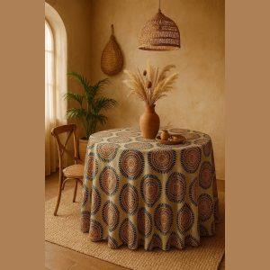 Skura. Falda de Mesa Camilla Redonda Mostaza, turquesa y Bronce. Primavera – Verano loneta estampada